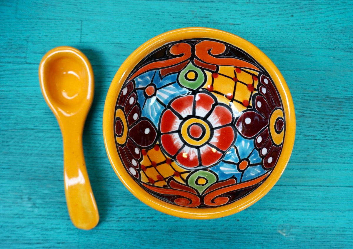 Talavera Salsa Bowl W/spoon Molcajete 2 Mexican Pottery Folk 