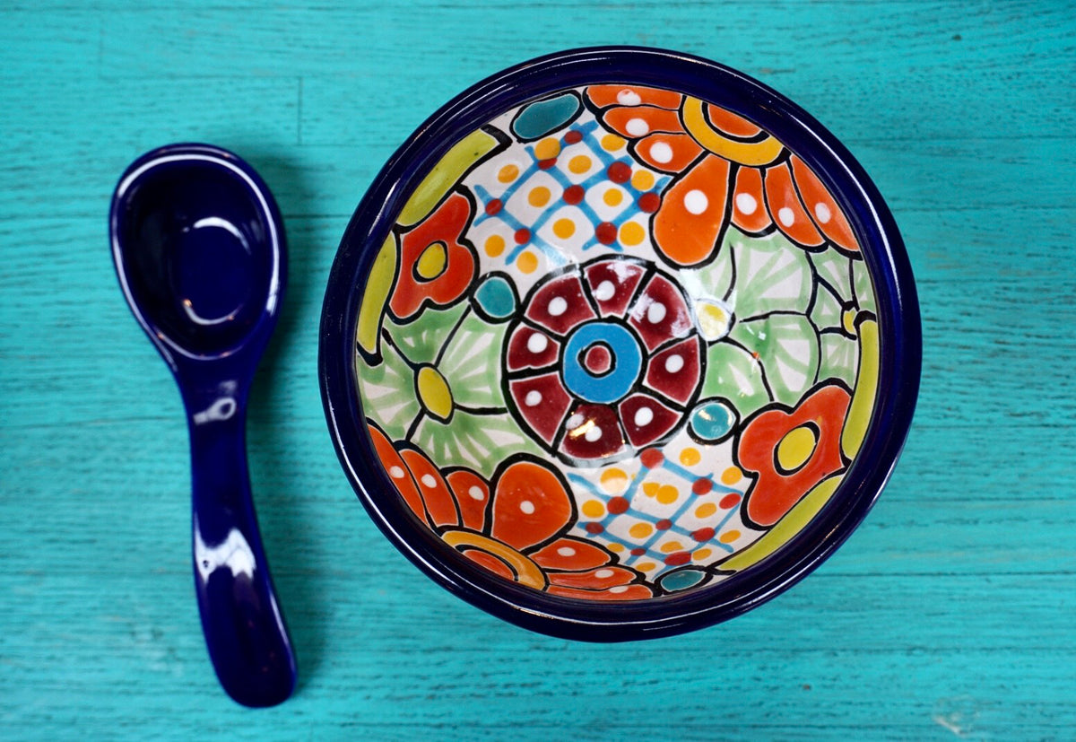 Talavera Salsa Bowl W/spoon Molcajete 2 Mexican Pottery Folk 