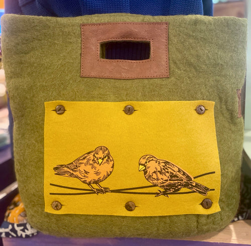 TOTE - Felted Wool & Leather Tote W Bird Friends Patch