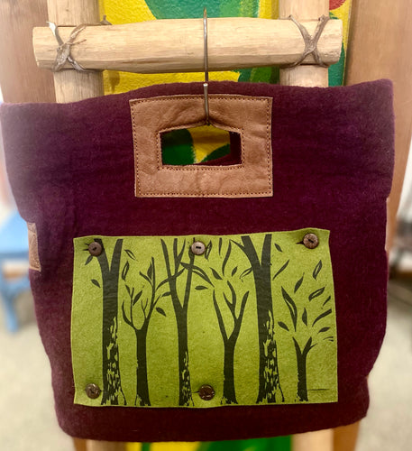 TOTE - Felt Wool & Leather Tote Bag W Trees Patch