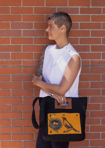 TOTE - Felted Wool & Leather W Nesting Bird Patch
