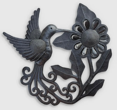 HAITI - 11” Blooming Flower W Hummingbird Oil Drum Art
