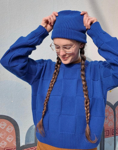 SWEATER - Checkerboard Sweater 100% Organic cotton - Aegean Blue