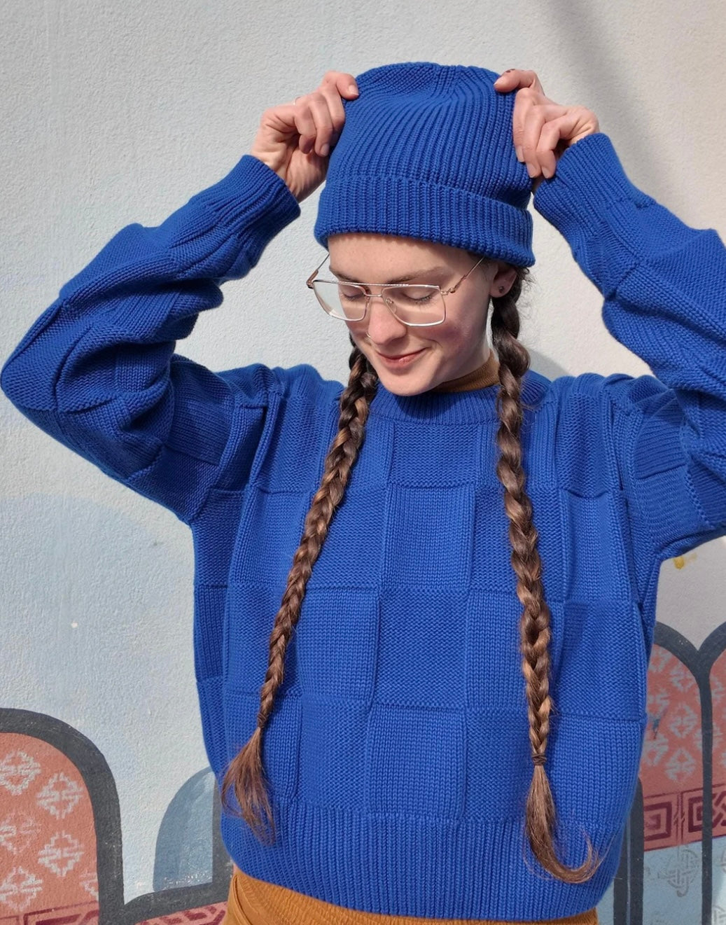 SWEATER - Checkerboard Sweater 100% Organic cotton - Aegean Blue