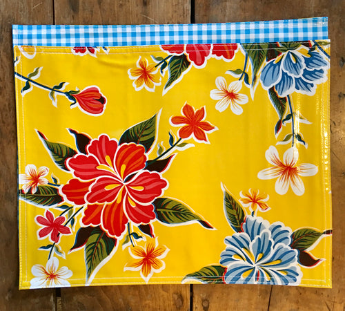 PLACEMAT - Double Sided Oilcloth Placemat - Hibiscus Yellow & Blue Gingham