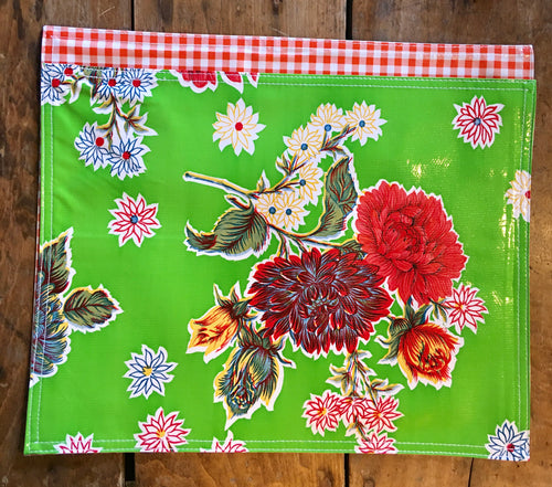 PLACEMAT - Double Sided Oilcloth Placemat - Mums Green & Orange Gingham